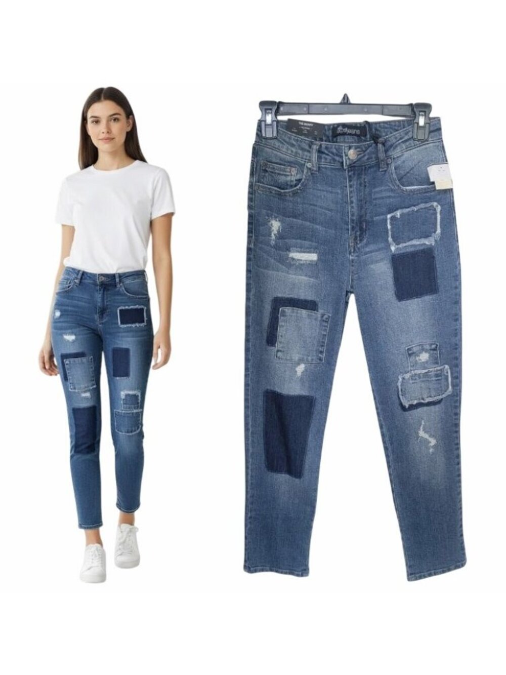 ⭐April Jeans Womens Size 9 Mid Rise Skinny Distressed Patches Medium Wash Denim